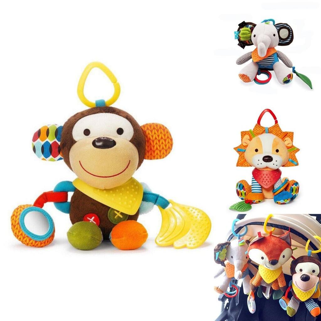 Weiches und buntes Plüschtier für Babys mit verschiedenen Texturen und Beißring für sensorisches Spiel
