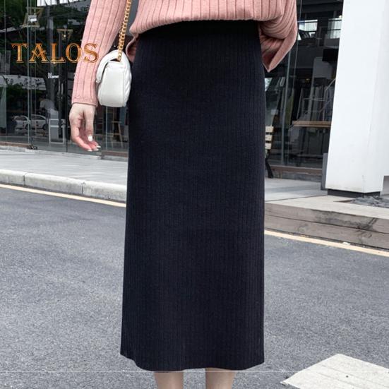 Women Knitting Skirt High Waist Back Slit Design Solid Color Midi Skirt Soft Breathable Thickened Warm Hip Wrapped Skirt