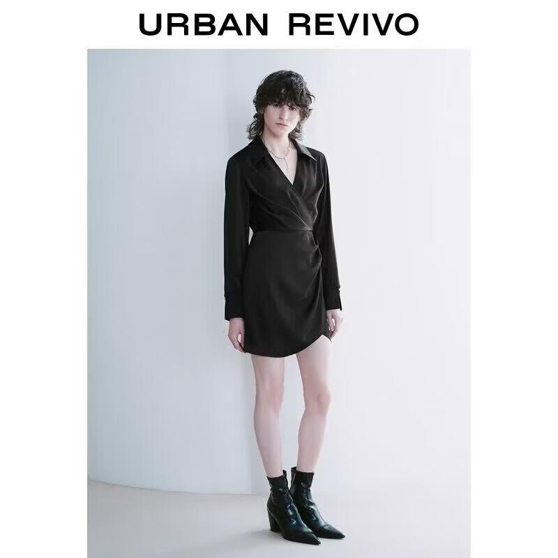 UR Autumn Elegant Pleated V-Neck Long Sleeve Dress