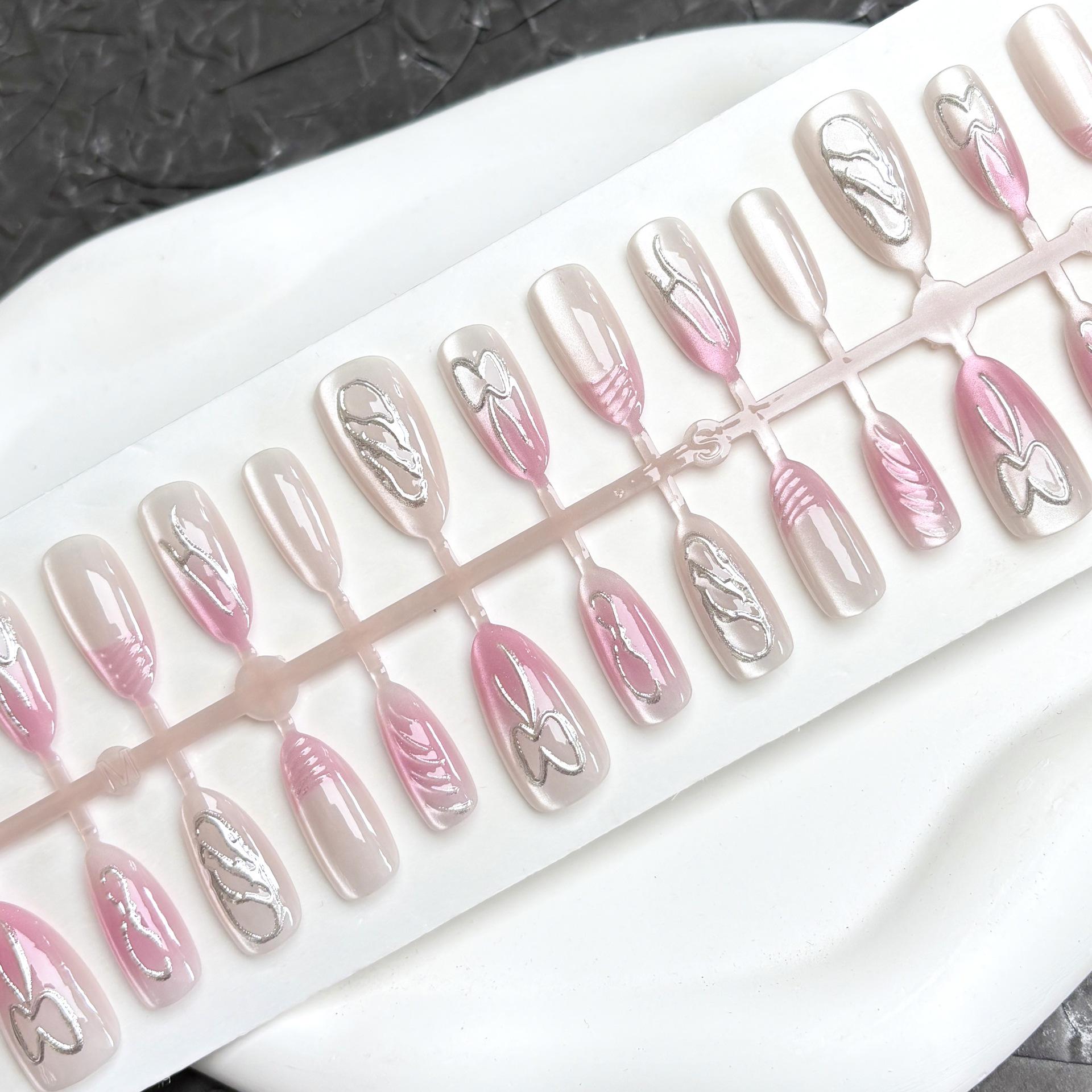 

Румяна Градиент Кошачий Глаз Накладные Ногти с Розовым Бантиком