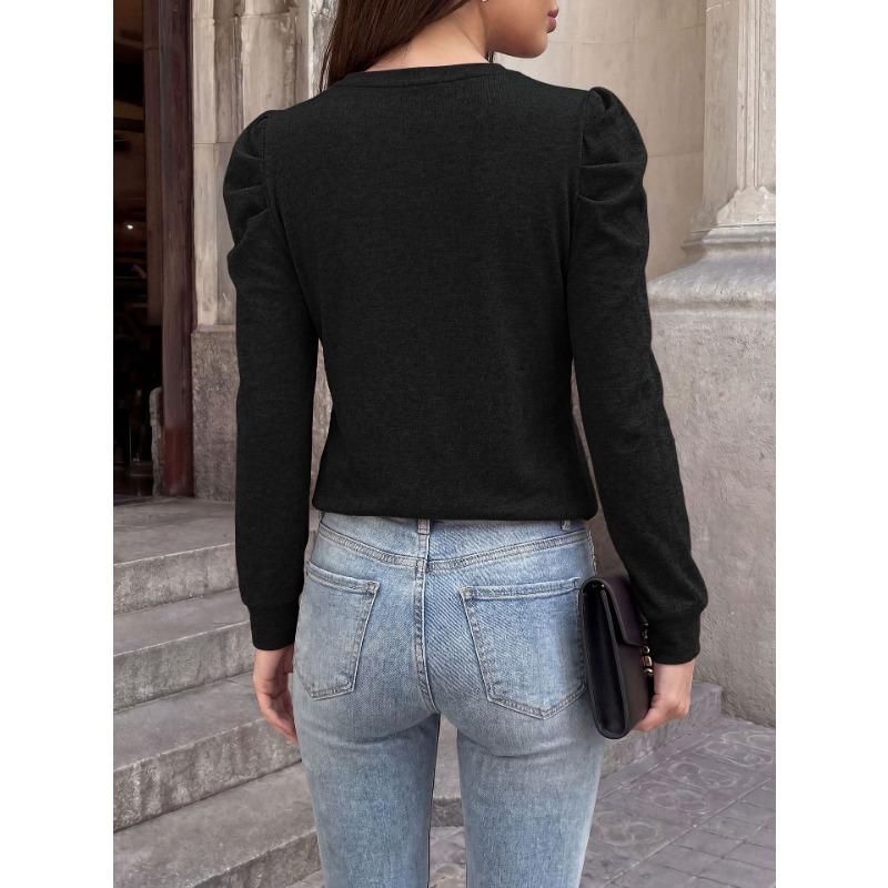 Women Loose Round Neck Pleated Puff Long Sleeve Solid Color T Shirt Top