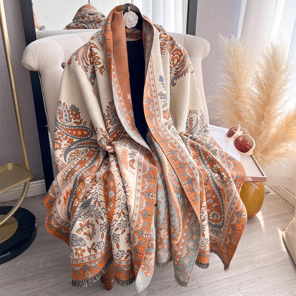 New Women's Faux Cashmere Double-Sided Print Scarf Soft Cozy Pashmina Shawl Autumn Winter Cold-Resistant Windproof Blanket