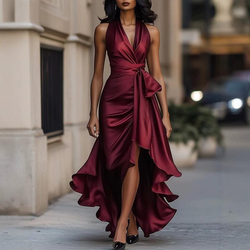 European and American new women's satin V-neck sleeveless waist ruffle edge temperament dress women