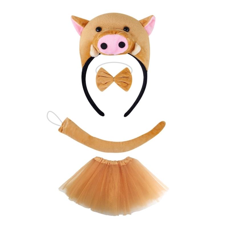 Piggy Costume Set Includes Piggy Tail Headband Bowtie Glove Skirt Halloween Piggy Role Play Outfit for Kid Cosplay