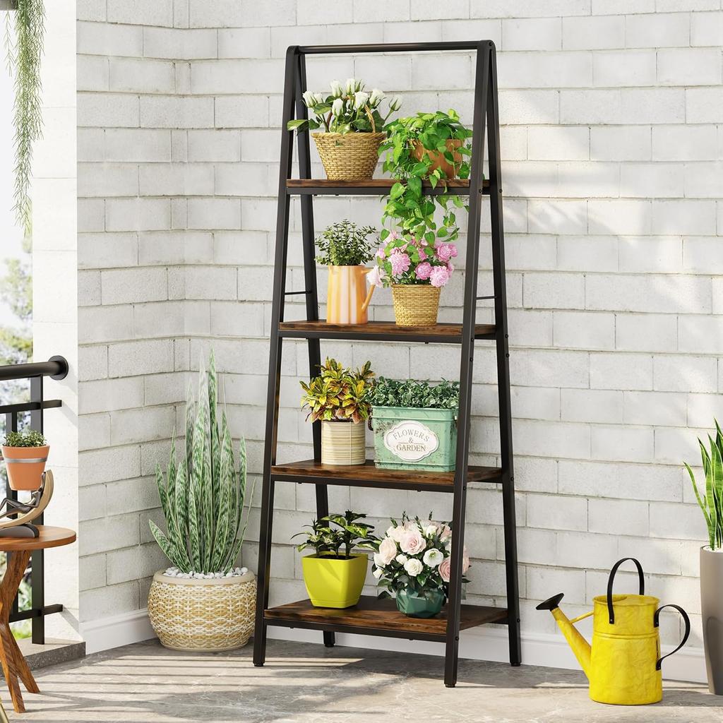 YIJIALEA Ladder Shelf, 4-Tier Leaning Ladder Bookshelf, Rustic and Wood Ladder Shelf Bookcase, Industrial Ladder Shelf Storage Rack for Home Office,