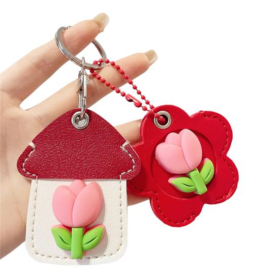 2Pcs Elegant Tulip Key Holder Faux Leather House Shape Keychain
