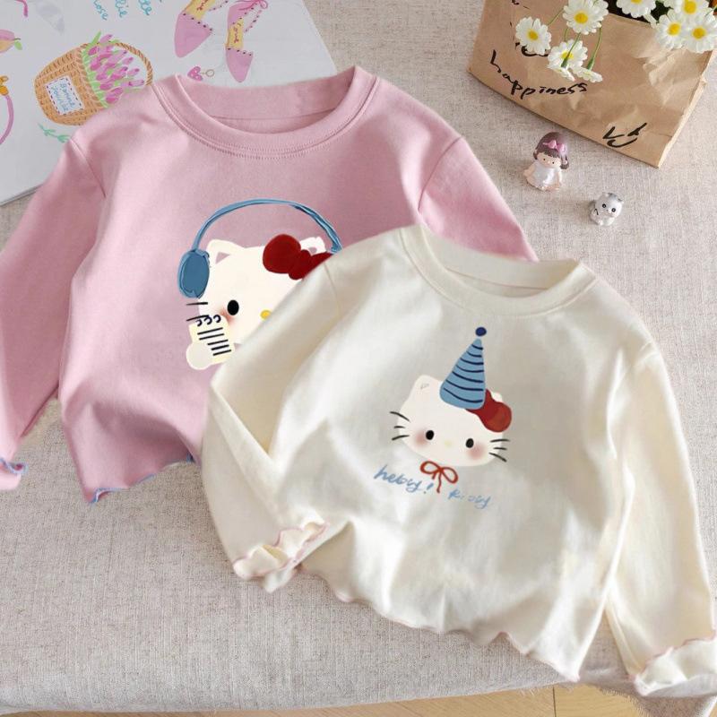 Girls Cotton Long Sleeve T Shirt Cute Cartoon Print Ruffle Crew Neck Base Layer Top For Autumn