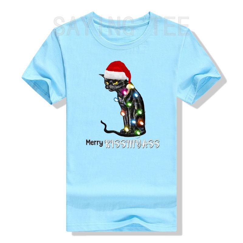 Merry Kissmyass Funny Cat Christmas Lights T-Shirt Xmas Costume Gifts Kitty Lover Graphic Outfits Cute Kitten Saying Tee Y2k Top