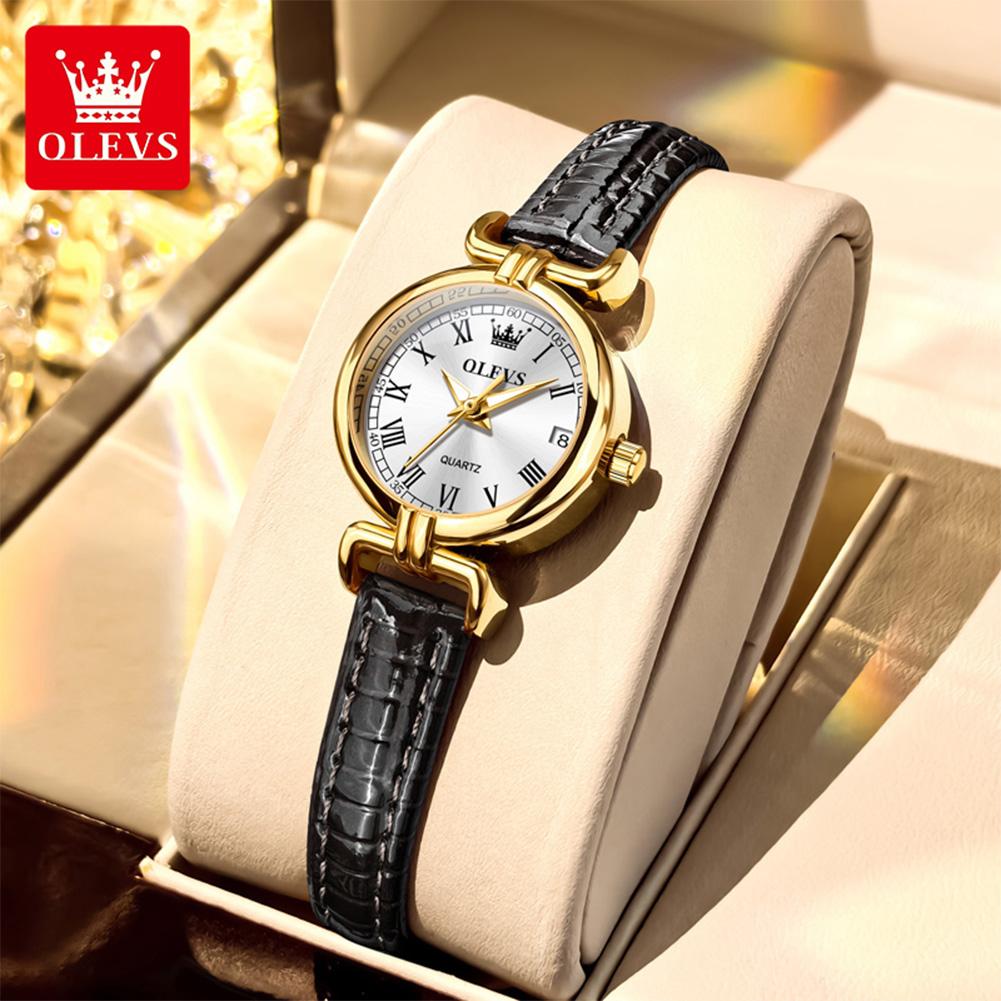 OLEVS 5645 Women Watch Quartz Movement Fashion Watch Gift Round-dial Leather Strap Wristwatch Calendar Window Luminous Watch