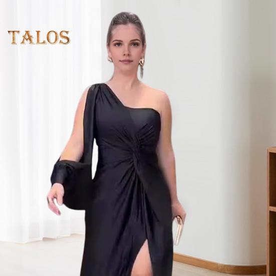 Lady Evening Dress One Shoulder Single Open Sleeve Split Hem Solid Color Slim Waist Pleated Knot Decor Solid Color Prom Cocktail Party Maxi Dress