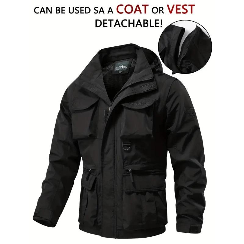 Detachable windproof sleeved hooded jacket suitable for outdoor activities men's casual waterproof multi pocket jacket vest