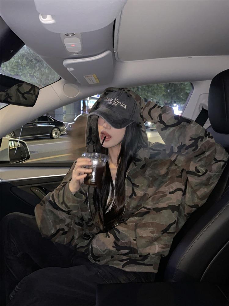 Tejido original, chaqueta con capucha de manga larga de camuflaje americano para mujer, top casual suelto y fino con cremallera