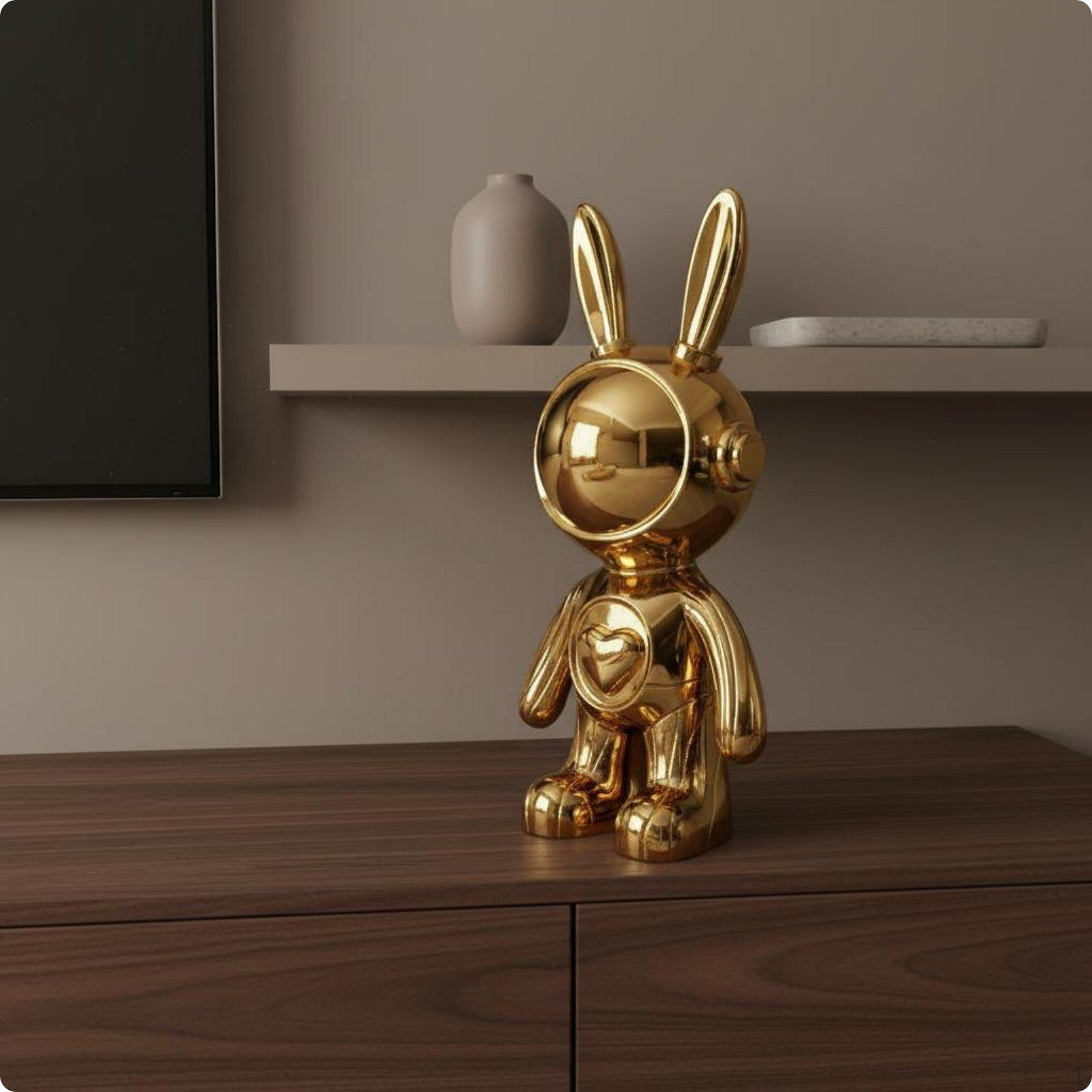 Astronaut Hare Statue Housewarming Gift Figurine Light Elegant Galactic Bunny Gold