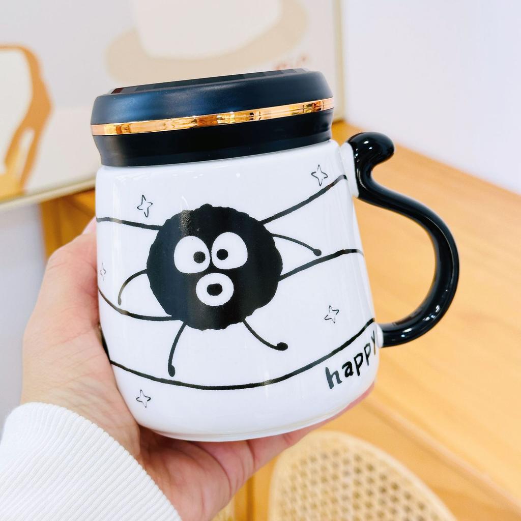 Personalized Mirror Cup with Lid Cartoon Monster Ceramic Mug Dustproof Gift Box Water Cup Home Set Office