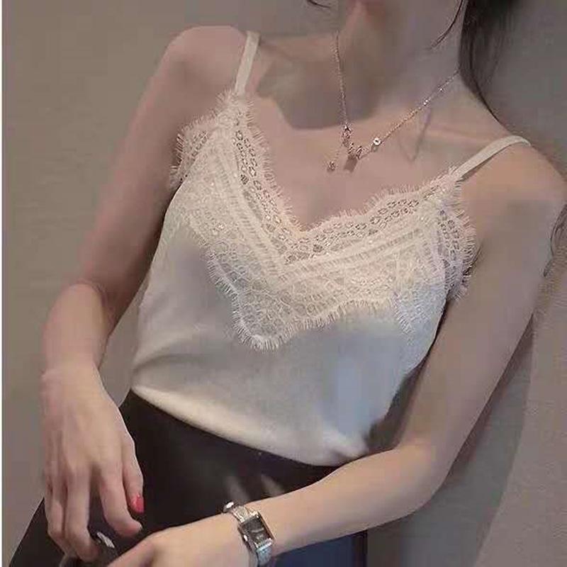 Lace Trim Sexy Women's Open Back Eyelash Edge Floral Camisole - Sleeveless Stretchy Ice Silk Knit Tank Top