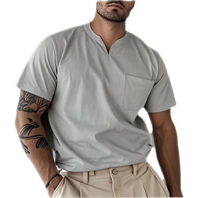 Summer New Muscle Men'S Fitness T-Shirt Men'S Micro Elastic Half Sleeve Top Summer V-Neck Pocket Short Sleeve Men'S
