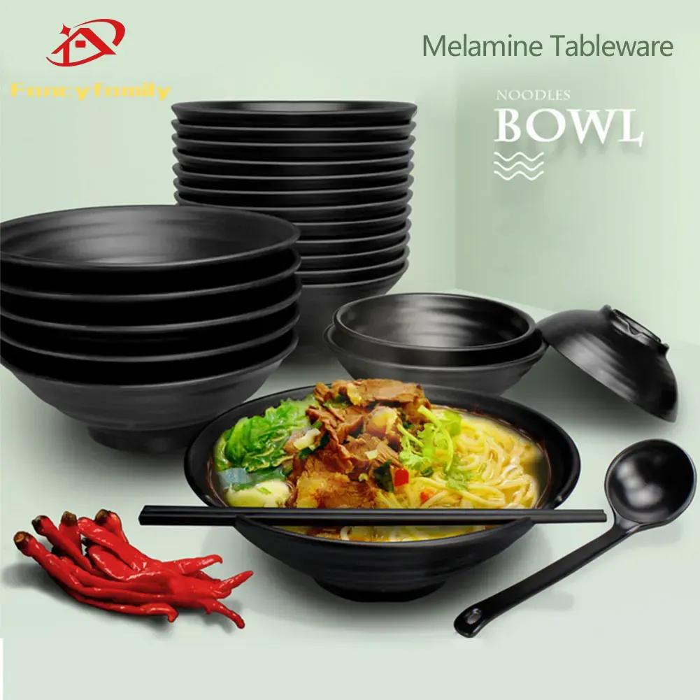 Fancyfamily Black Frosted Melamine Japanese Style Beef Ramen Bowl Bamboo Hat Shape Soup Bowl Fast Food Tableware