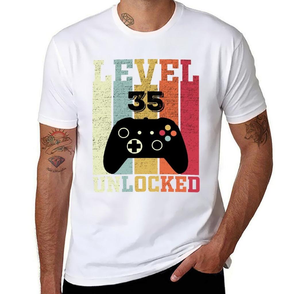 Level 35 Freigeschaltet Lustiges Video Gamer 35. Geburtstag Geschenk T-Shirt Streetwear Niedliche Kleidung Sommerkleidung Herren T-Shirt Grafik