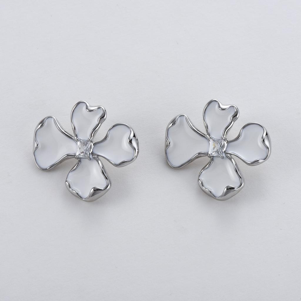 Niche Fashion Copper-Plated Platinum Drop Glaze Flower Inlaid Geometry Square Zircon S925 Silver Needle Stud Earrings Women