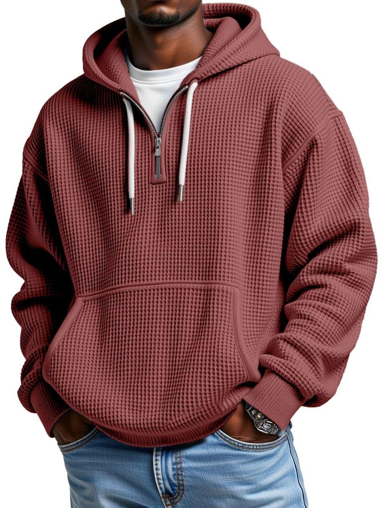 Men's Vintage Waffle Weave Half-Zip Hooded Sweatshirt for Autumn/Winter
