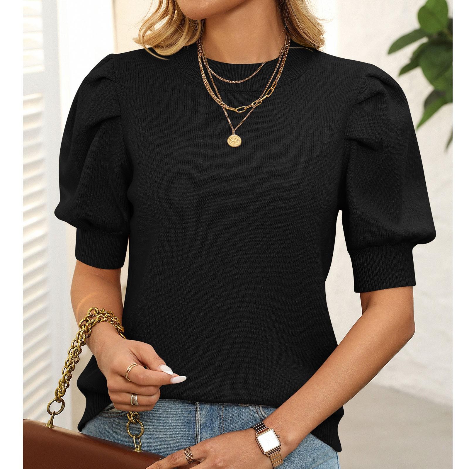 

Женский повседневный и модный однотонный свитер с круглым вырезом и короткими рукавами M чёрный