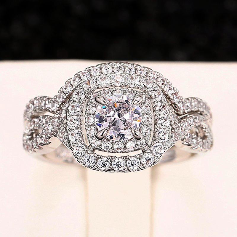 

Huitan Exquisite Women Rings with Dazzling Crystal Cubic Zirconia Fashion Double Stackable Set Rings Copper Color Trendy Zircon 6