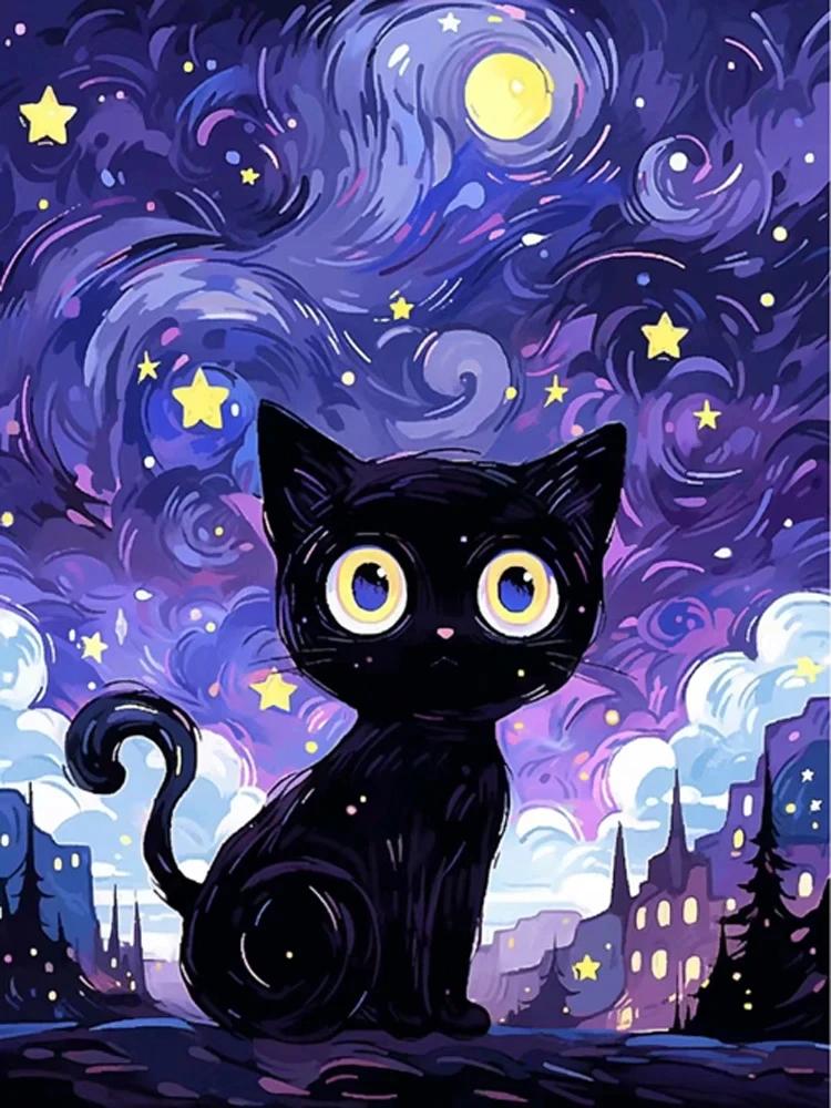 Abstrakt Stjärnhimmel och Svart Katt Affischer och Tryck Canvas Målning Väggkonst Bilder För Vardagsrum Hem Mural Dekoration Gåva