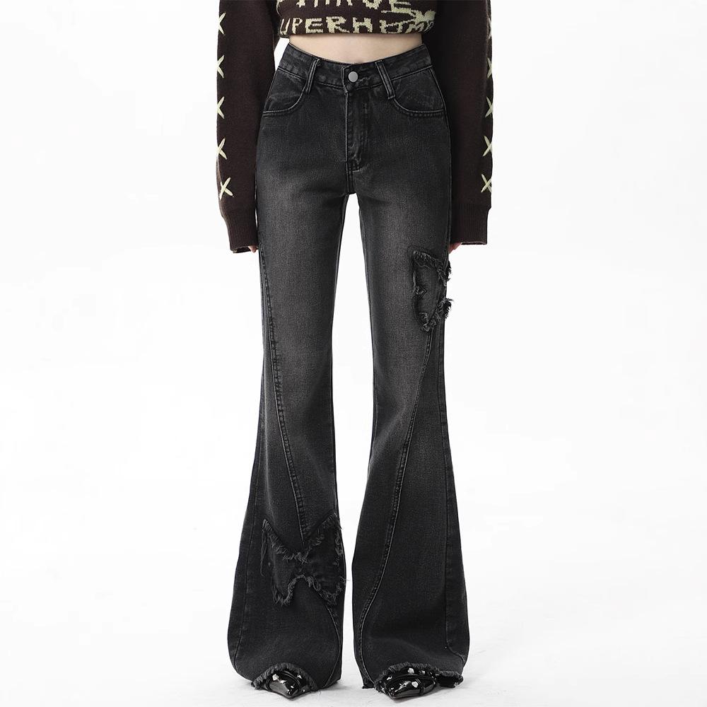 

American Retro Butterfly Patchwork Jeans: Women s Micro Flare Slimming Straight-Leg Pants 2X Large
