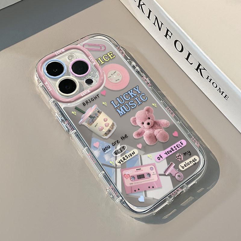 Pink Cartoon Bear Milk Tea Pattern Mirror Phone Case For iPhone 17 Air 16 15 14 13 12 11 Pro X XS XR 7 8Plus 16E Y2K Matte Cover iPhone SE (2020)