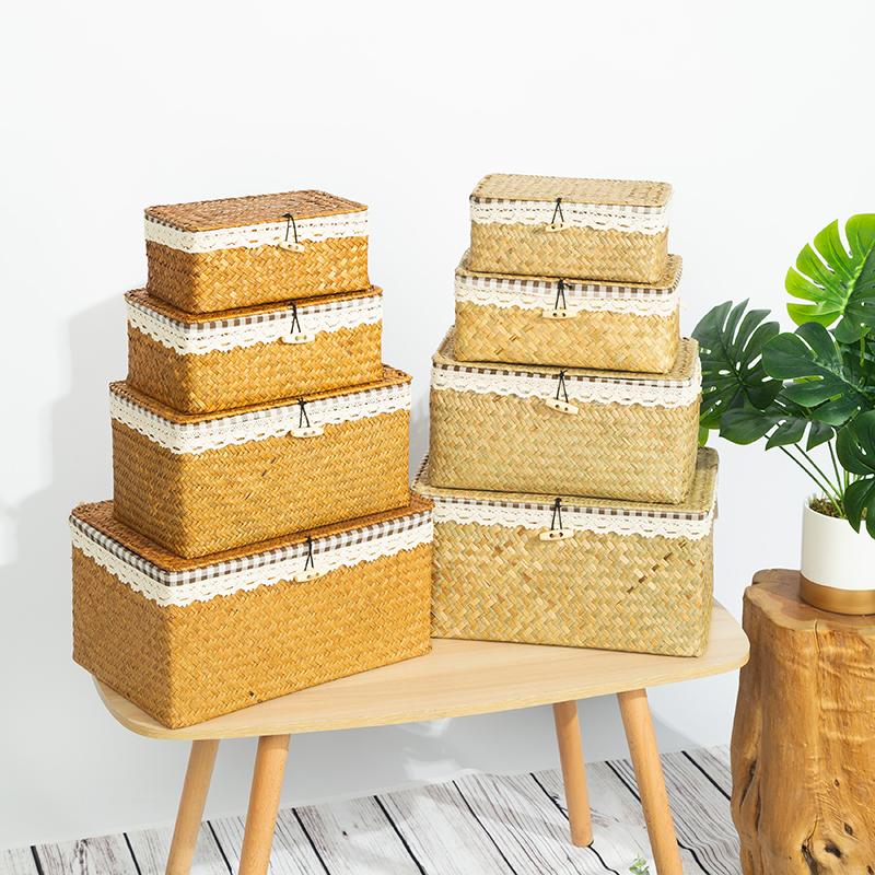 WCIC New Home Seagrass Handmade Straw Woven Storage Basket Desktop Storage Box With Lid With Checkered
