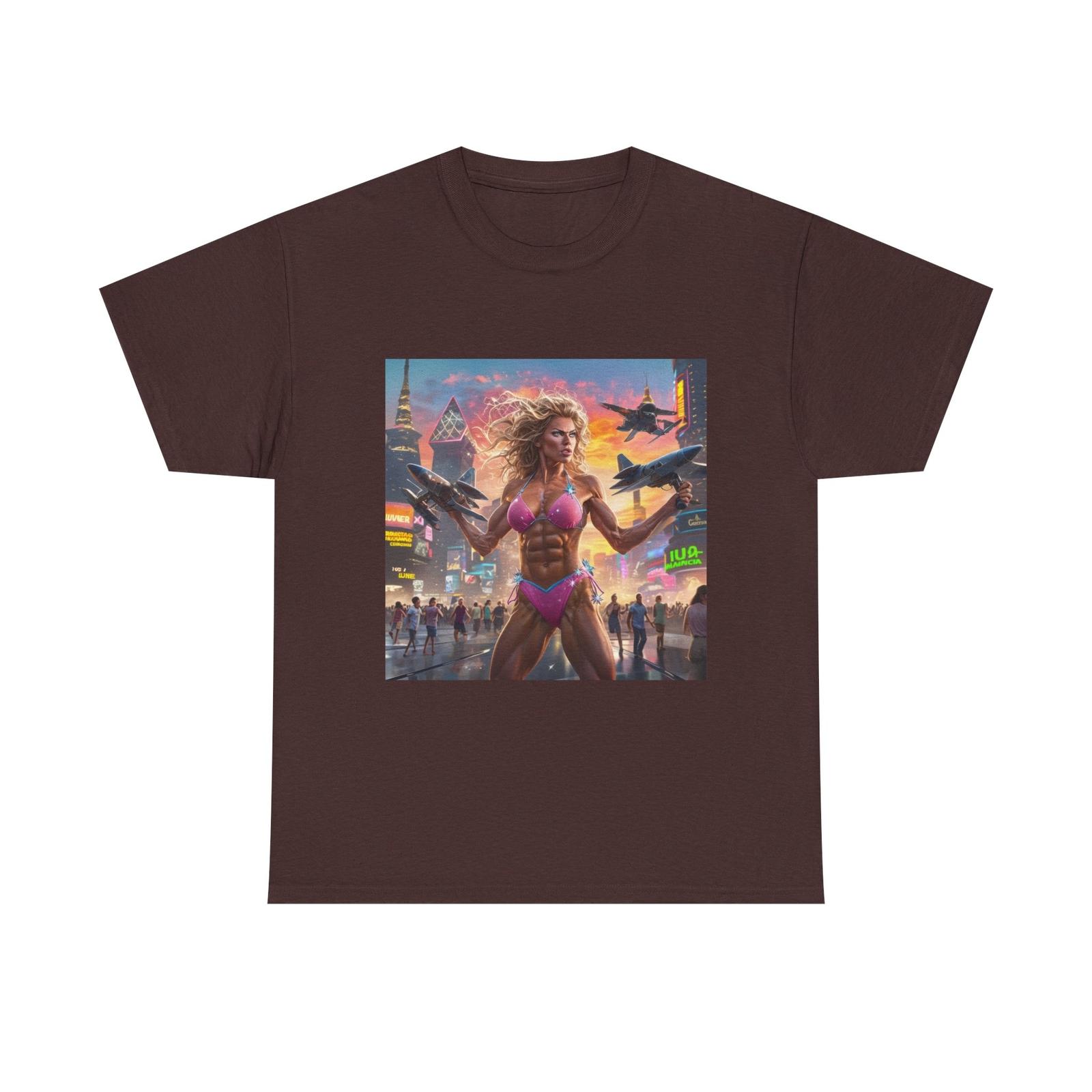 Muscular Woman Pink Bikini Tee Aviation Pilot Airplane City Shirt Fashion TShirt 2XL