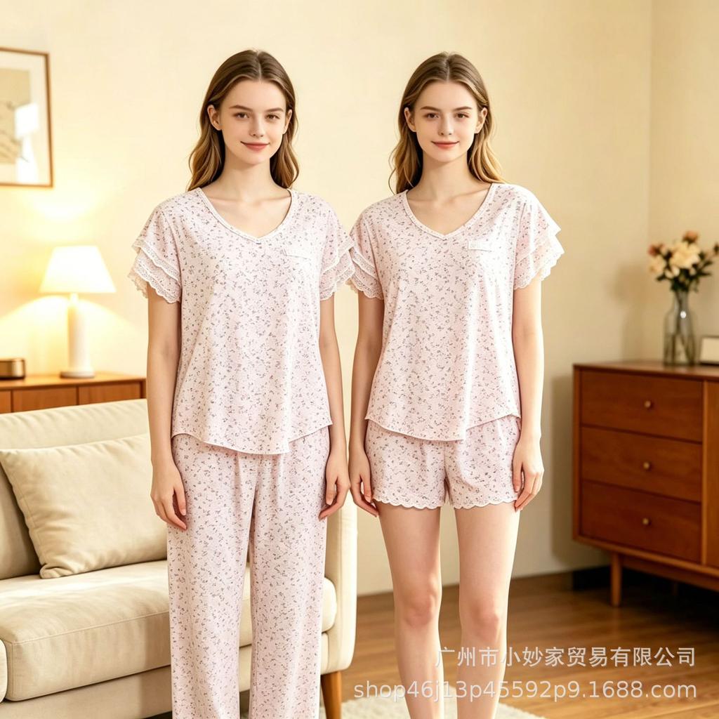 Women's pajamas set lace splicing floral short-sleeved shorts trousers loungewear three-piece pajamas