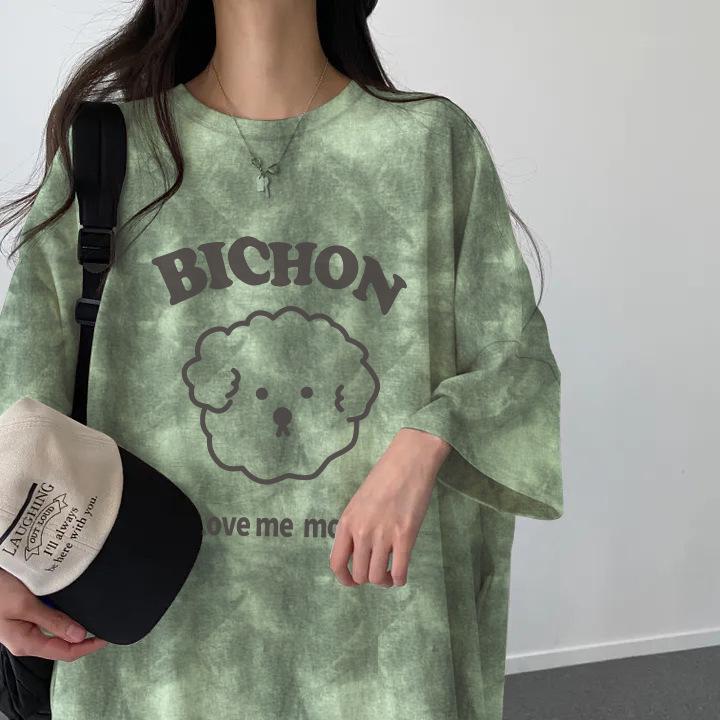 

2024 Summer Japanese Tie-Dye Short Sleeve Dress - Women s Loose Casual Mid-Length Print Design XL хакі