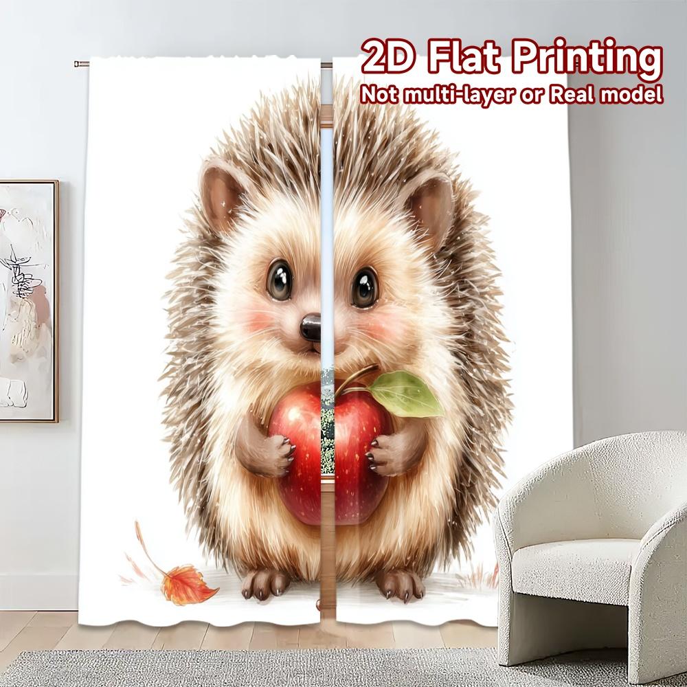 Set Of 2 Flat Printing Curtains Without Rod Hedgehog Apple Chic Window Treatment Versatile Polyester Fabric Made