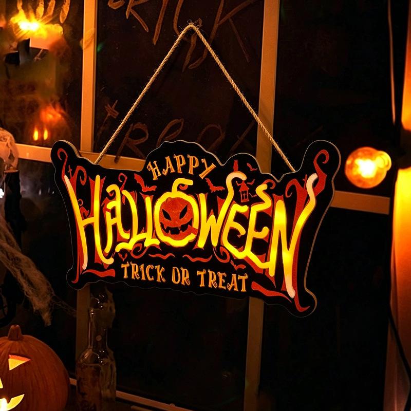 Halloween Horror Pumpkin Head LED Lights Wooden Listing Holiday Party Wall Hanging Wall Decoration Welcome Sign