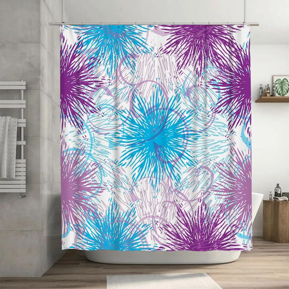 Colorful Burst Shower Curtain Modern Blue Purple Floral Design for Bathroom Decor Polyester Fabric with Metal Rings, Size 72x84'