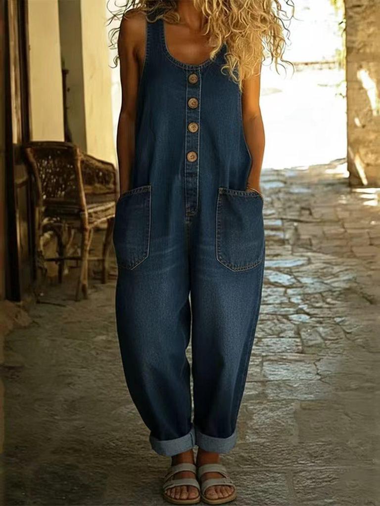 2026 Spring Women's Retro Wide-Leg Faux Denim Jumpsuit Overalls