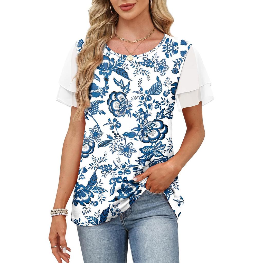 Womens Summer Fashionable Round Neck Printed Double-layer Short Sleeved Casual Pullover T-shirt Top