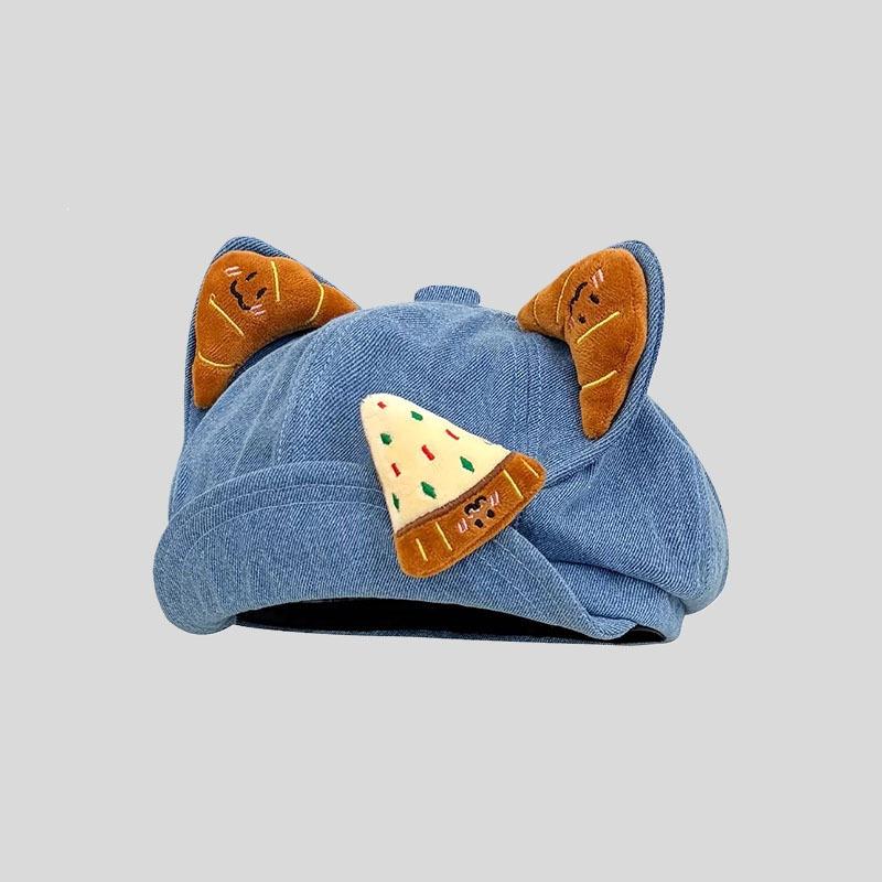 Japanese Cartoon Cute Croissant Cat Ear Cowboy Octagonal Hat Women'S Autumn And Winter Big Head Circumference Sweet Versatile Beret