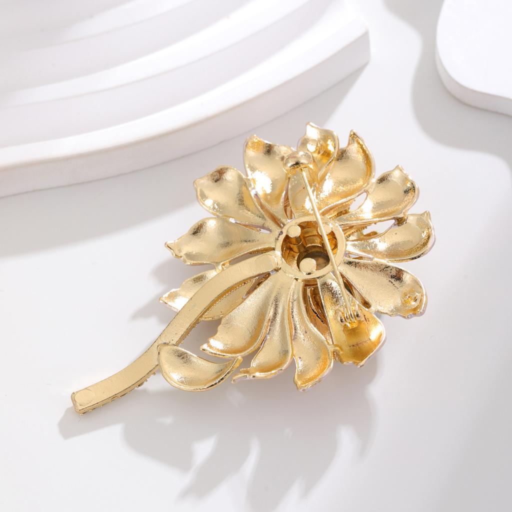 Metal Enamel Sunflower Brooch With Purple Crystal Rhinestone Corsage Pin Women Accessories