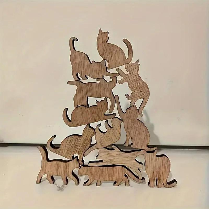 12pcs Different Shapes Cat Wooden Crafts, Stackable Cat Ornament DIY Crafts Graffiti Pet Themed Birthday and Holiday Party