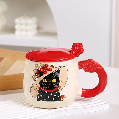 Tazza Ceramica Carina Cartoon Gatto Gattino Grande Capacità con Coperchio Cucchiaino Resistente ad Alta Temperatura Tazza da Ufficio Tazza per Ragazze