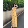 French Retro Rose Fungus Edge V-neck Silky Dress Women's Summer Temperament Sleeveless Fishtail Dress Waist Long Dress