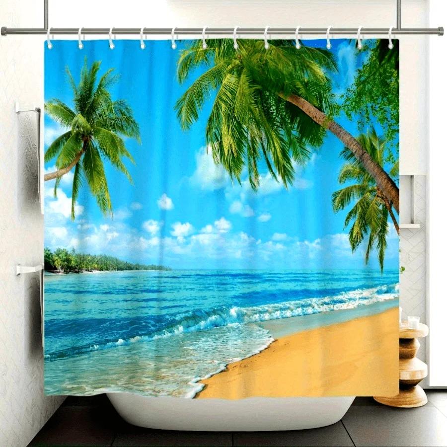Тропический пляж с пальмой, шторка для ванной, морской пейзаж острова, декор для ванной комнаты, прочная водонепроницаемая вставка для ванны с крючками, летняя Ам W90xH180cm