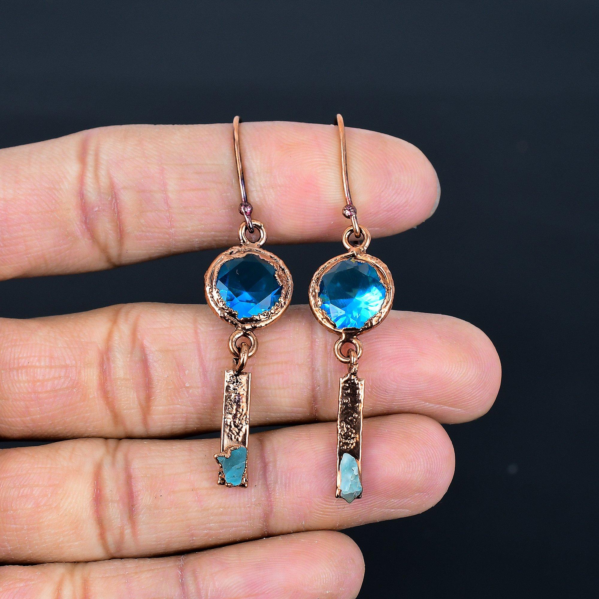 

Blue Topaz Earrings, Copper Electroformed Gemstone Jewelry, Handmade Earrings, For Thanksgiving 2.55 Inches