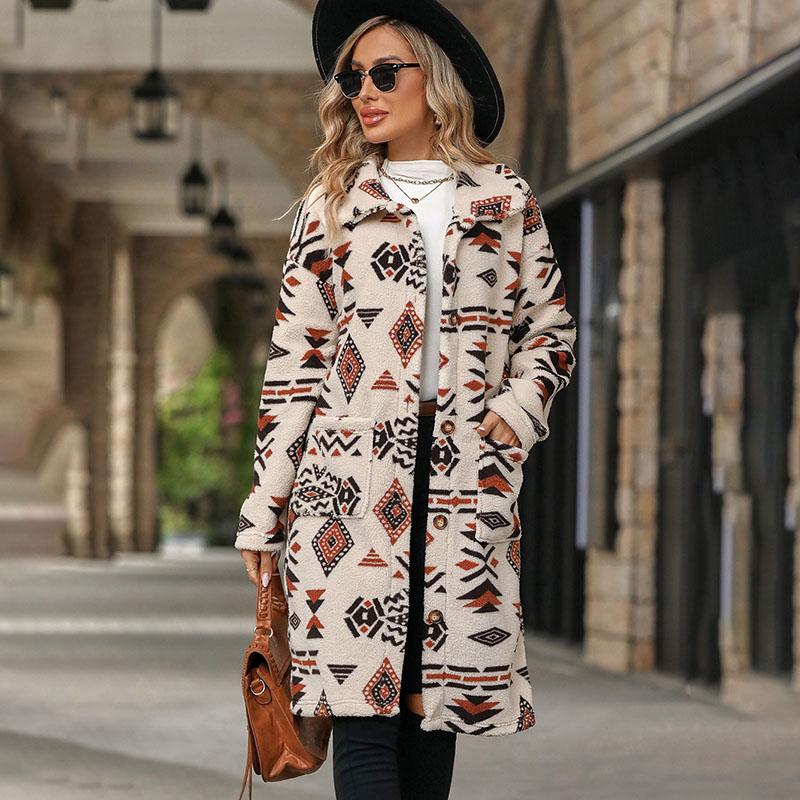 Autumn and Winter Printed Plush Coat Flip Collar Single Breasted Long Sleeved Jacket Women's Warm Comfortable Outerwear Retro Ethnic Style