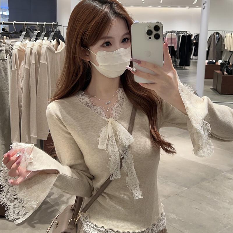 WASSUP AMAZING Women's V-Neck Lace-Trim Long Sleeve Tee