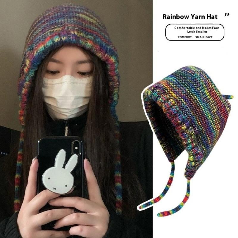 1pc New Rainbow Striped Knitting Beanie Hat Women Girl Winter Warm Crochet Ear Protection Cap
