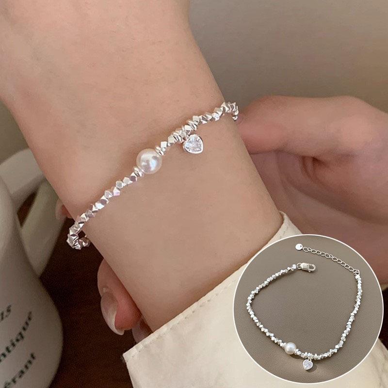 Korean Style S925 Silver Plated Rainbow Bead Heart Bear Bracelet - Women's Fashion Jewelry