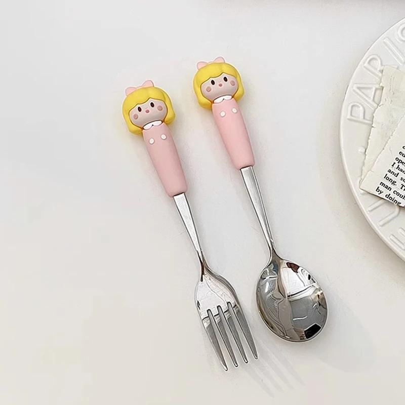 Cute Cartoon Girls Spoon Fork Set Kids Tableware 304 Stainless Steel Cutlery Set with Silicone Handle Children's Tableware